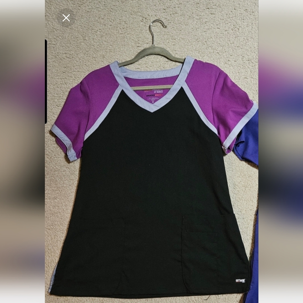 Grey's Anatomy Black Medical Scrub Top with Purple Sleeves and Light Gray Trim